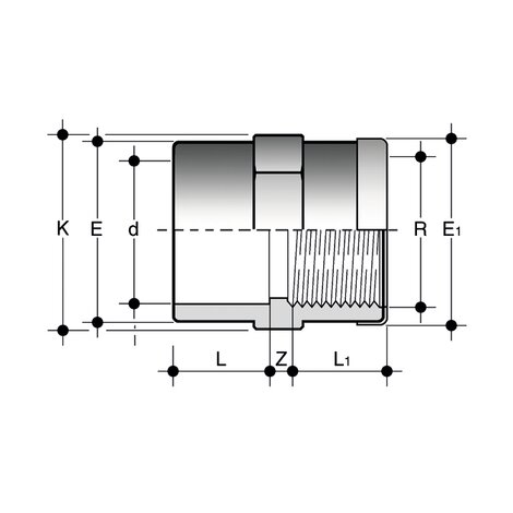 Disegno tecnico del raccordo raccordi di passaggio MIMV