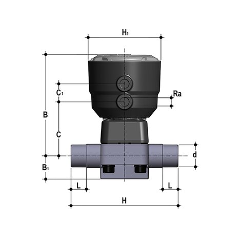 DKBDC/CP NC - Supapă cu diafragmă cu 2 căi acționată pneumatic PN6 DN 15:65